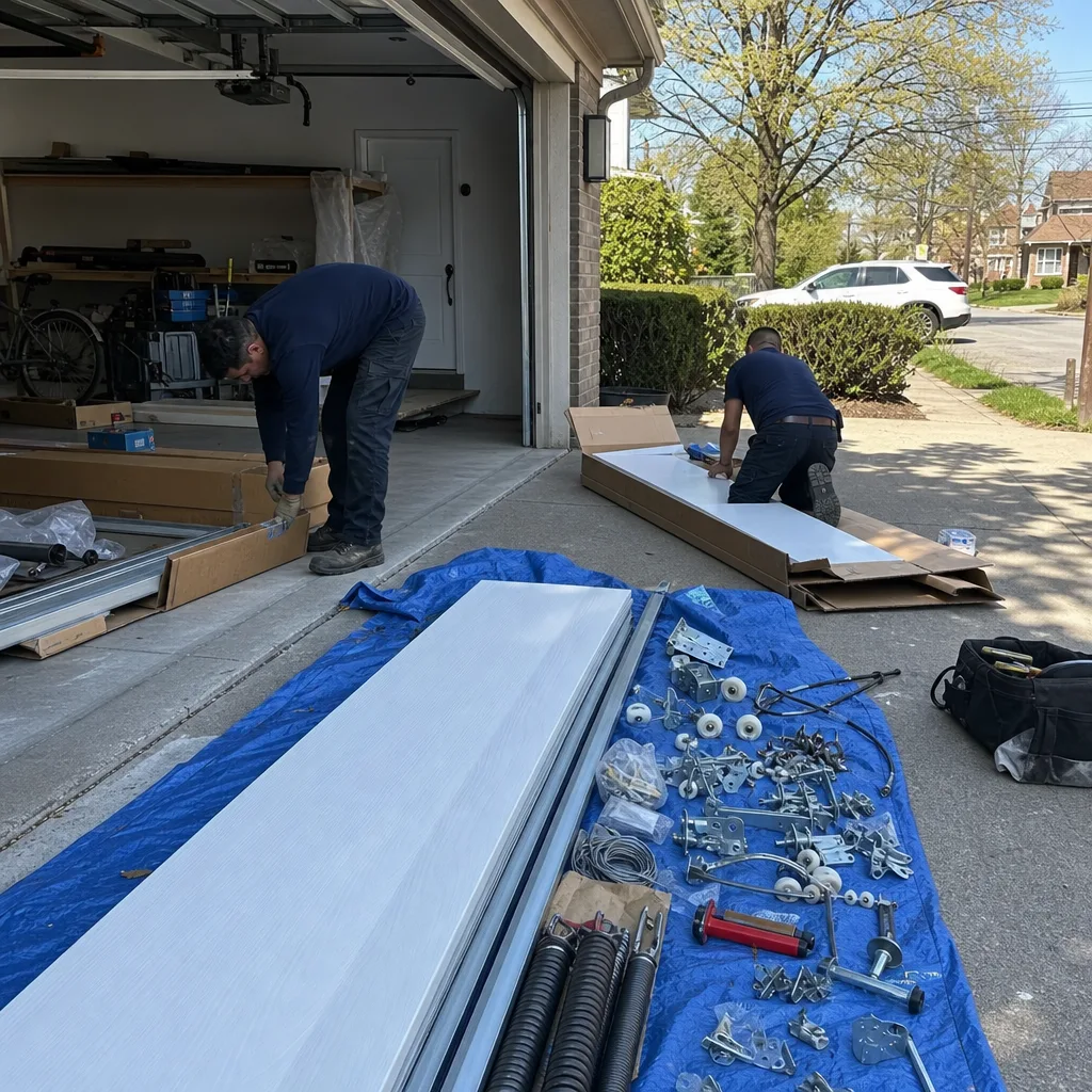 Professional technicians performing a residential garage door installation on a driveway