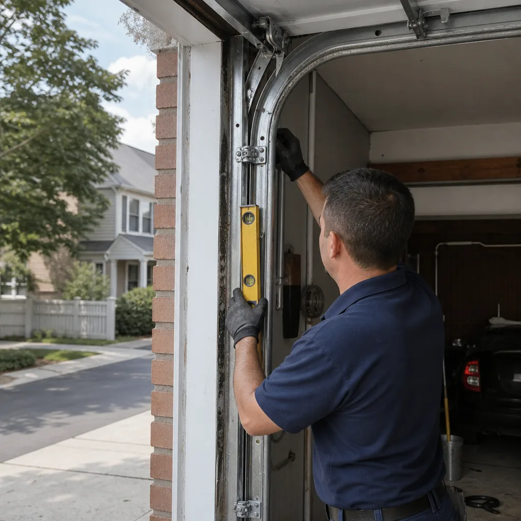 Technician checking garage door track alignment with a level