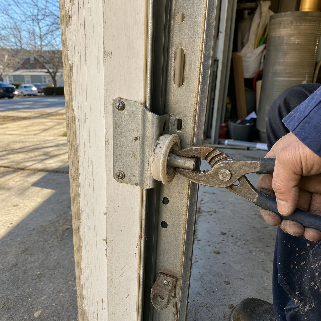 Technician using pliers to perform professional garage door roller repair