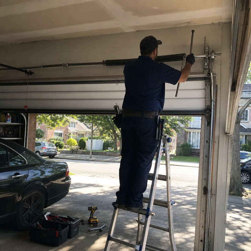 Technician performing professional garage door spring repair and maintenance
